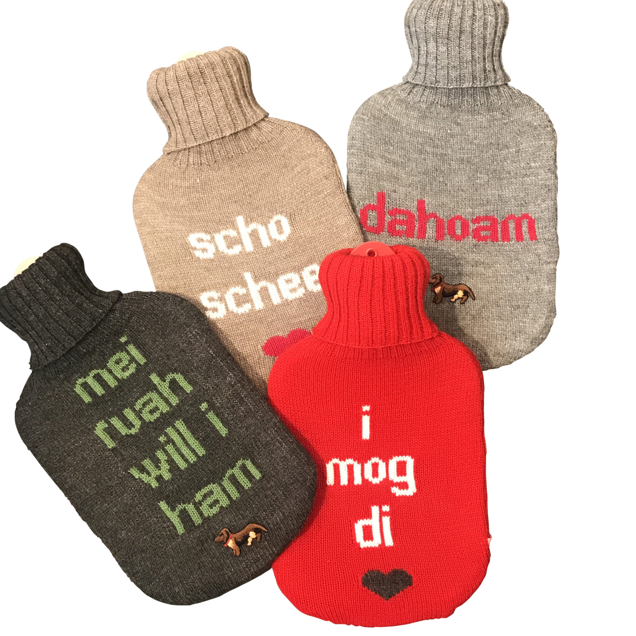 Wärmflasche Sprüche gestrickt in Bayern aus wunderbarer Merinowolle